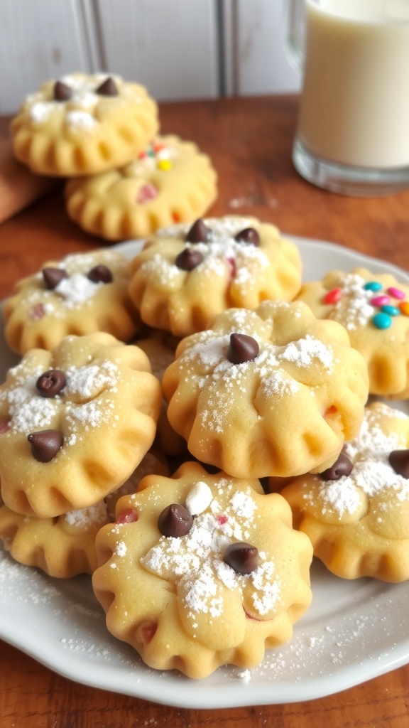 A plate of fluffy yeast cookies, some with chocolate chips and sprinkles, on a wooden table with a glass of milk.